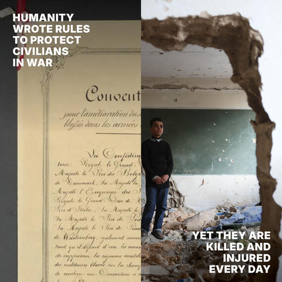 A side by side image of the UN charter and a boy in a destroyed classroom